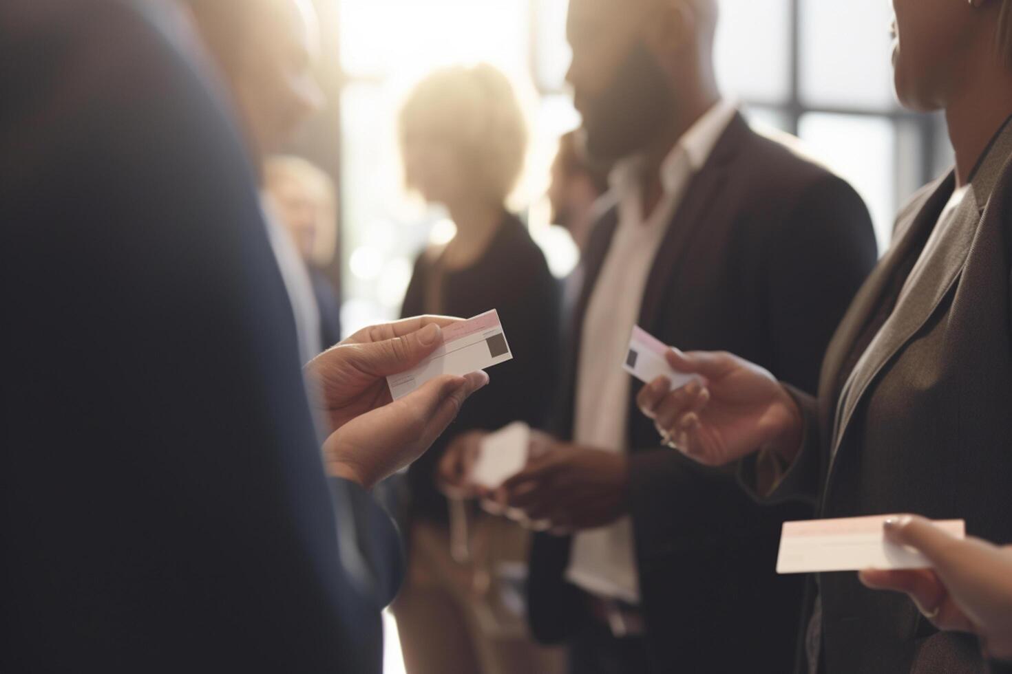 Networking at Business Conference Blurred Professionals Exchanging Business Cards photo