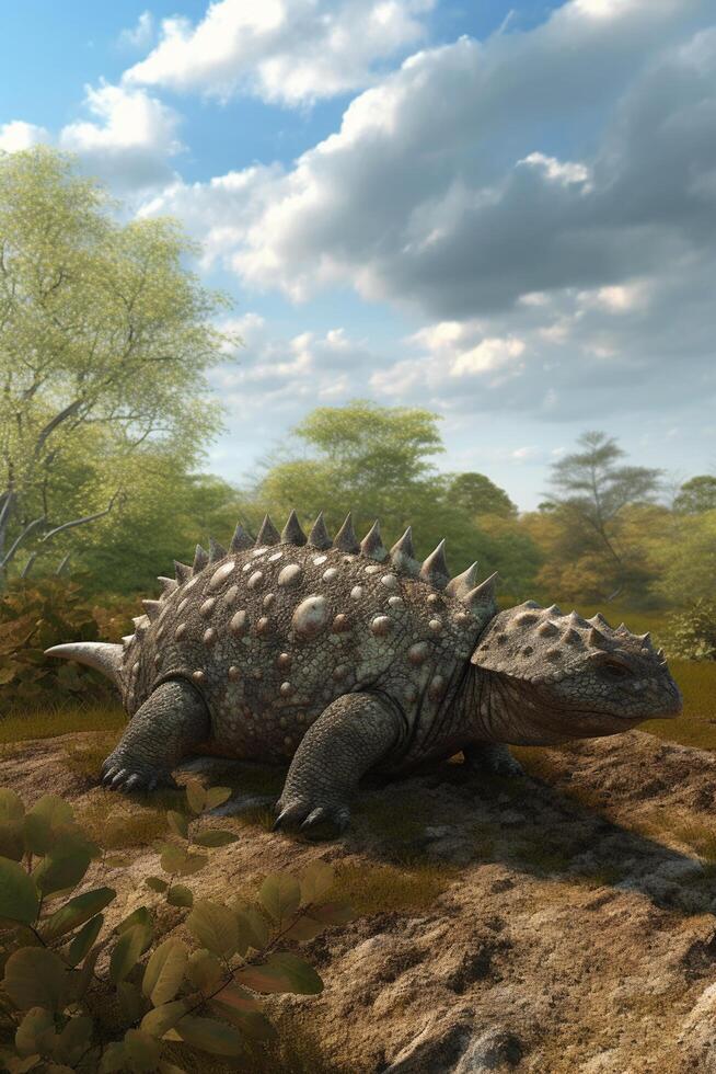 guardián de el prehistórico reino un realista ilustración exhibiendo el poderoso Ankylosaurus en un fascinante prehistórico paisaje ai generado foto