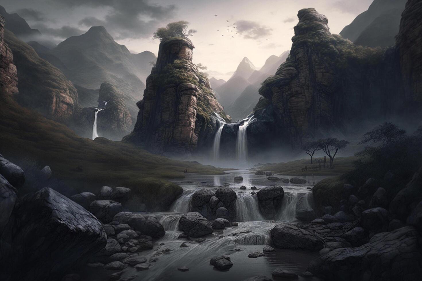 Enchanted Chinese Landscape Majestic Mountains, Cascading Waterfalls, and Mystical Caves photo