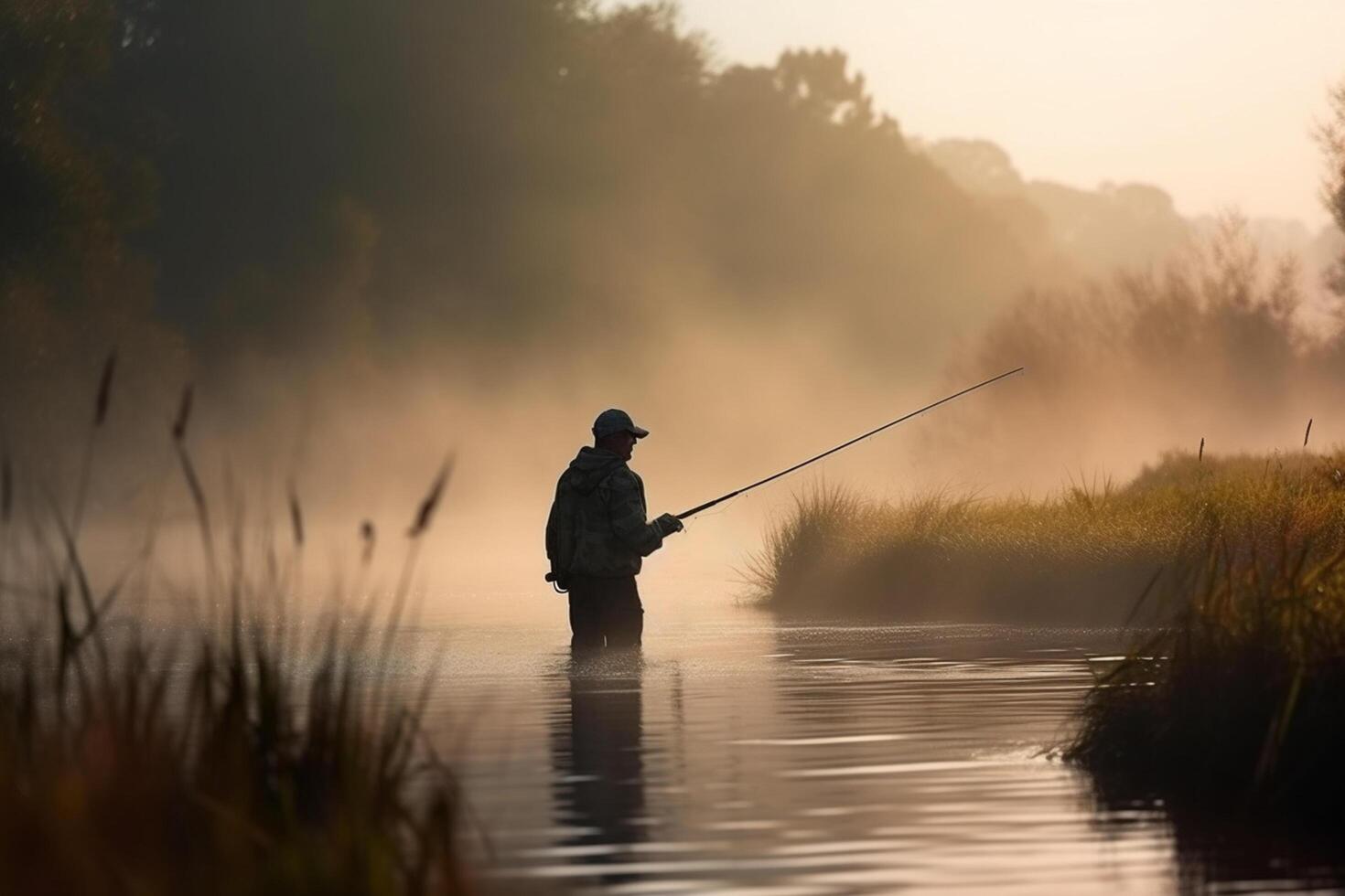 Fishing at Dawn Angler in the misty lake with fishing rod photo