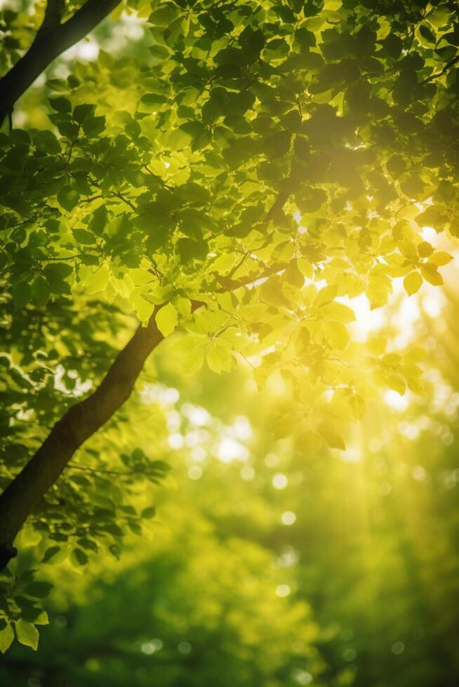 Sun-kissed Canopy A view of lush green treetops with sun rays piercing through the leaves photo