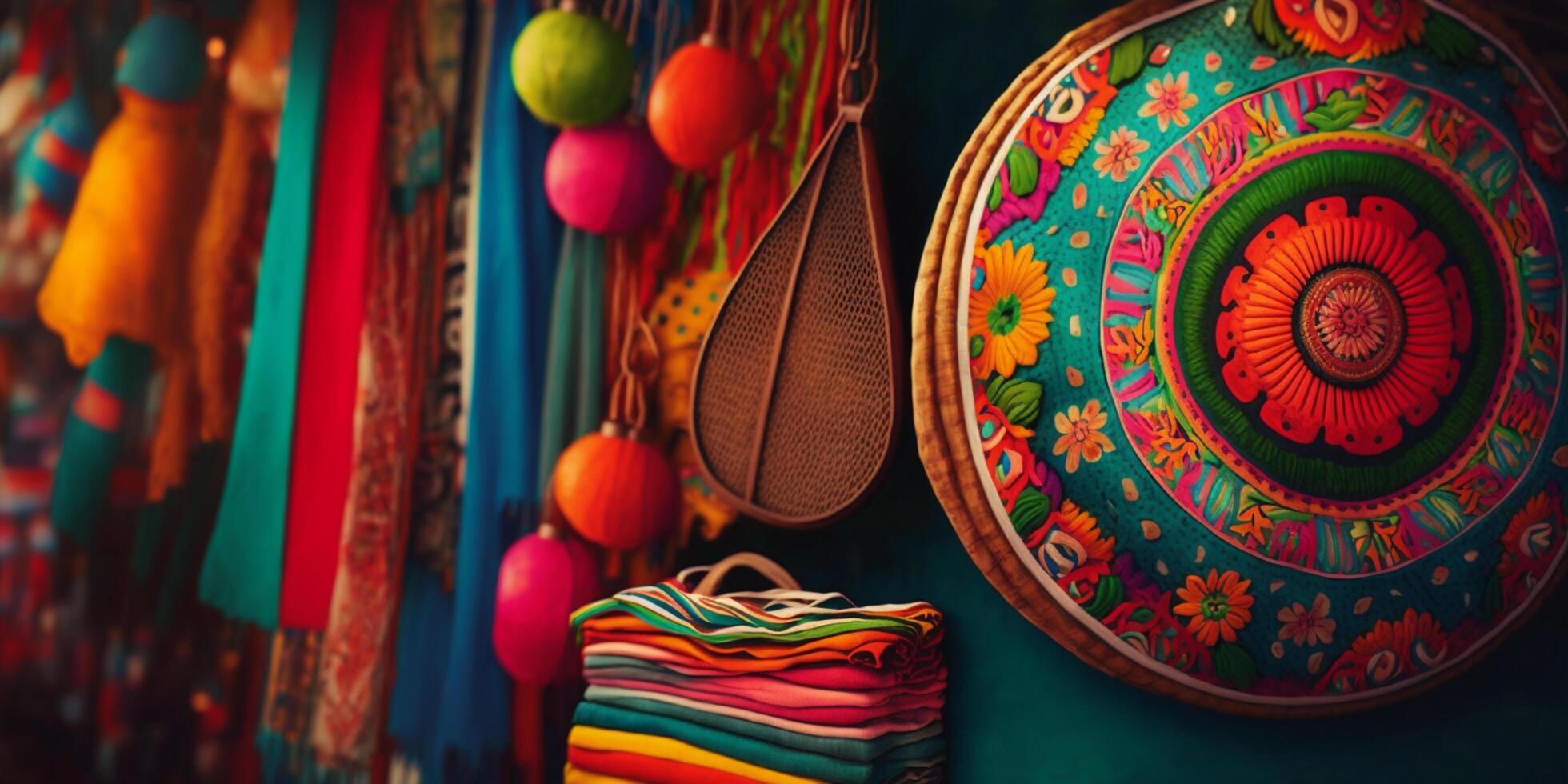 Vibrant Mexican Art Colorful Patterns, Clothing, Figures, and Craftwork photo