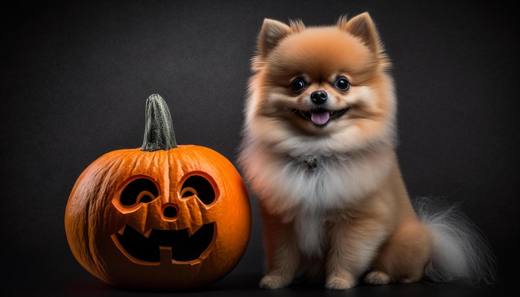 adorable pomeranio perro posando con un Víspera de Todos los Santos calabaza ai generado foto