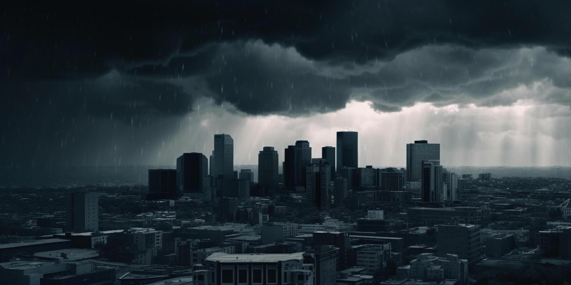 Financial Storm City Skyline during Bank Run with Thunder and Lightning photo