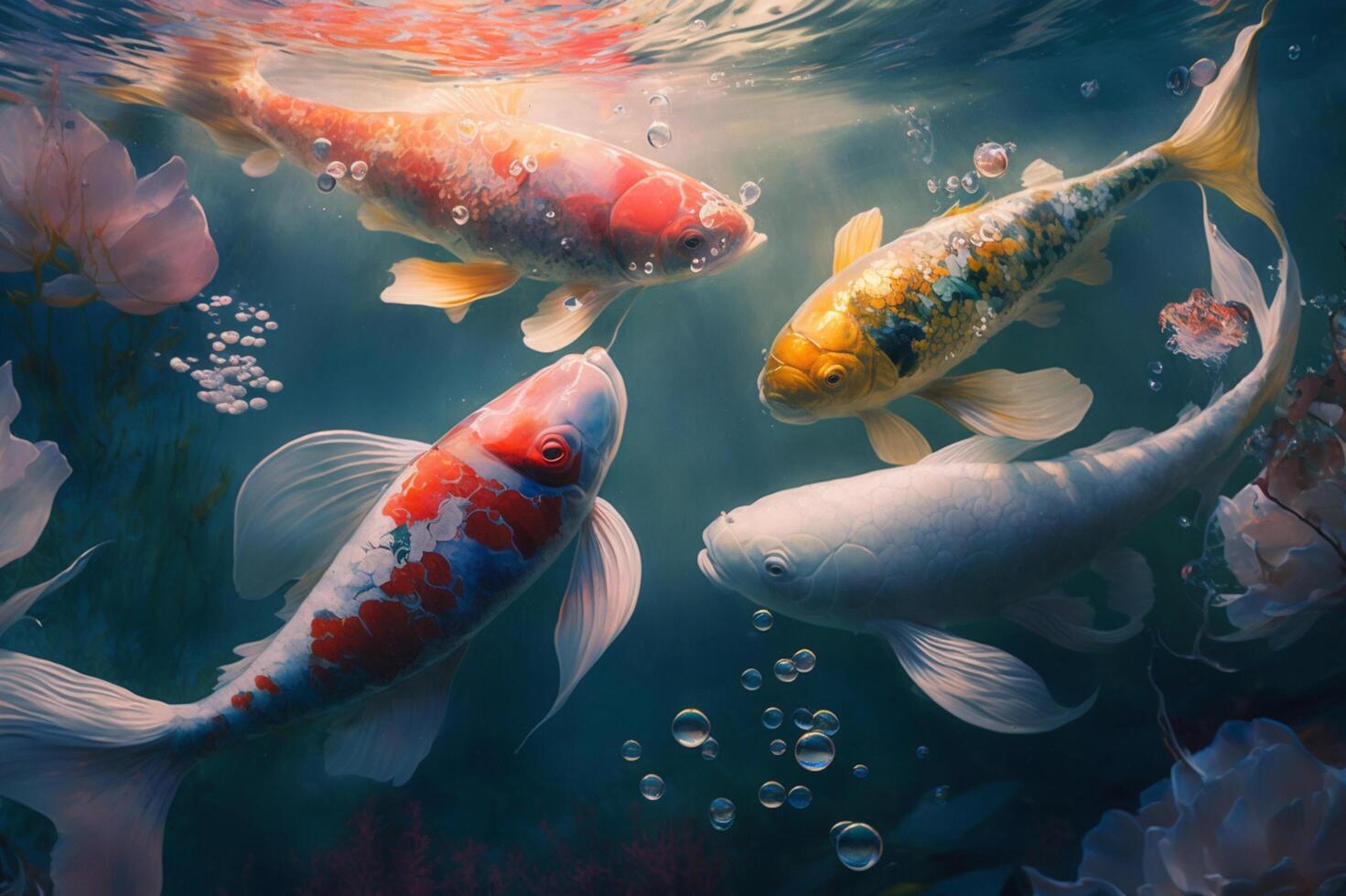 Colorful Chinese Koi Fish Swimming Underwater in a Peaceful Pond photo