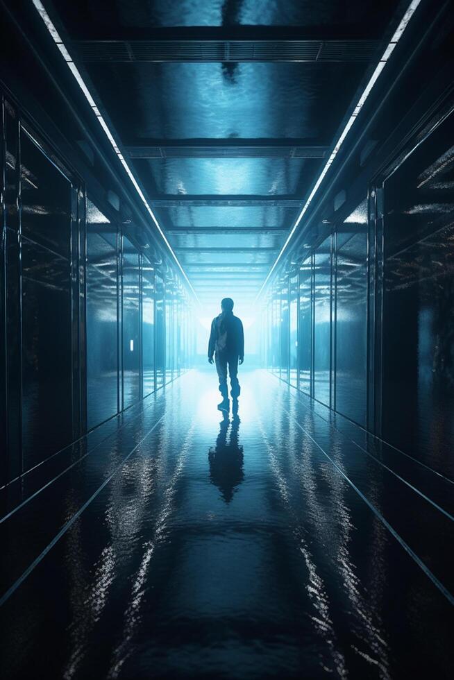 Finding the Way Out A Journey Through a Futuristic Blue Corridor photo