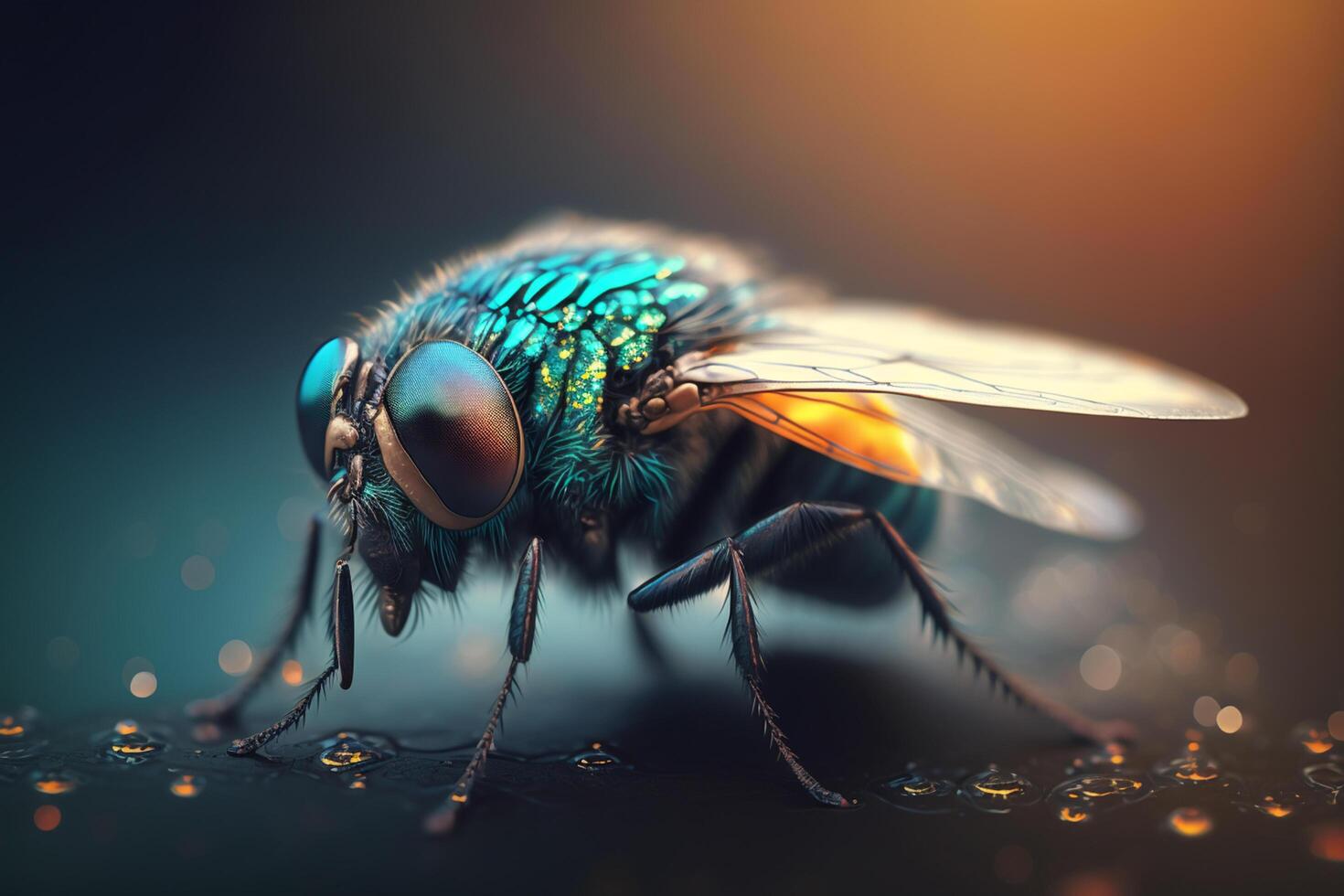 Incredible hyper-realistic illustration of a fly-like insect, extreme close-up photo