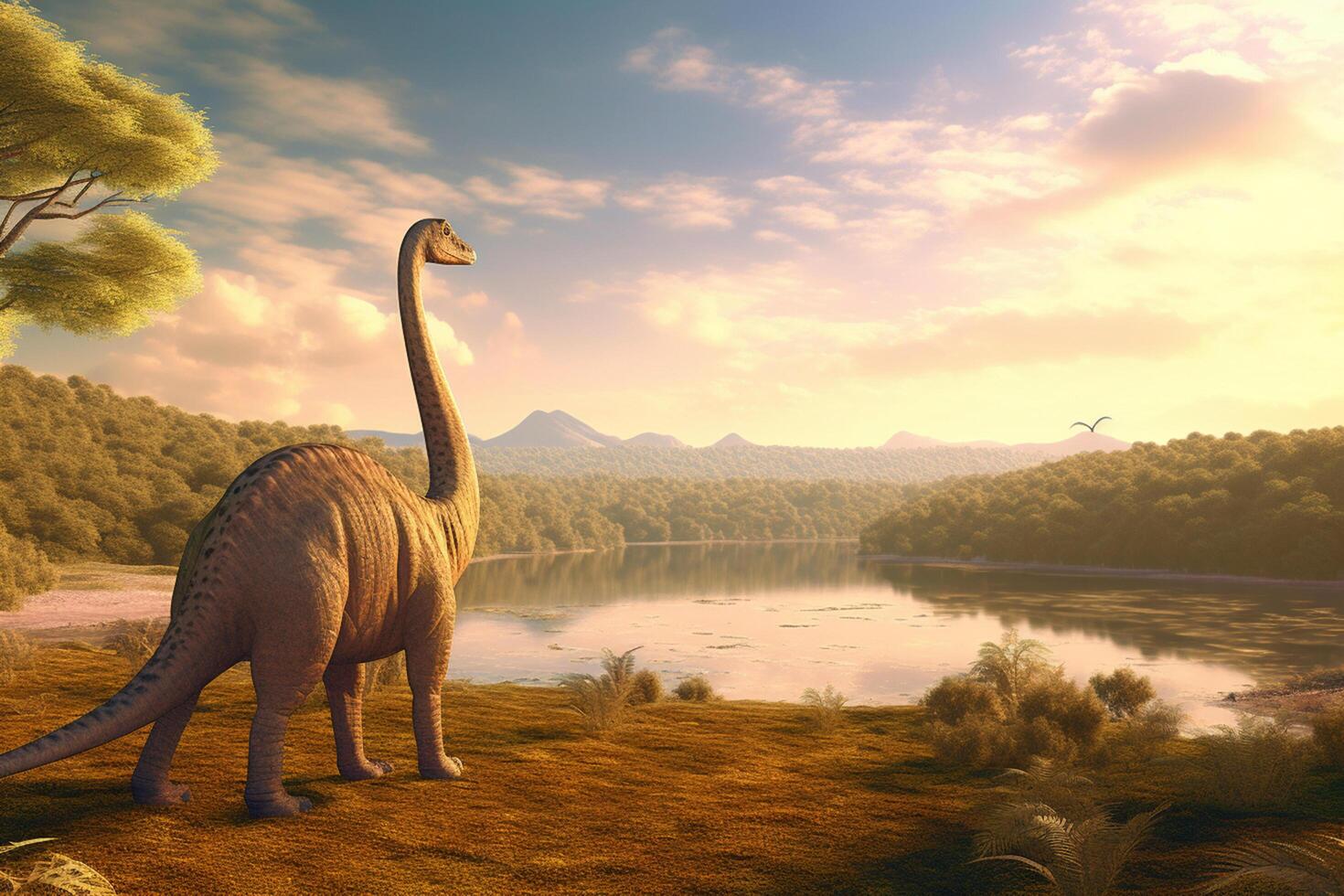 Graceful Giants Roaming the Prehistoric Realm Realistic Illustration Showcasing the Diplodocus in a Serene Prehistoric Landscape photo