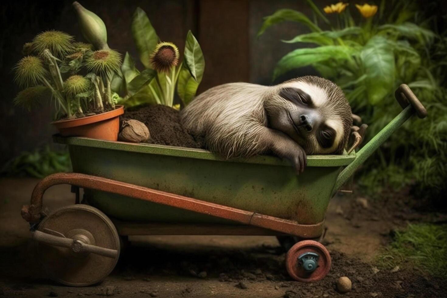 Exhausted and tired sloth fell asleep in a wheelbarrow while gardening photo
