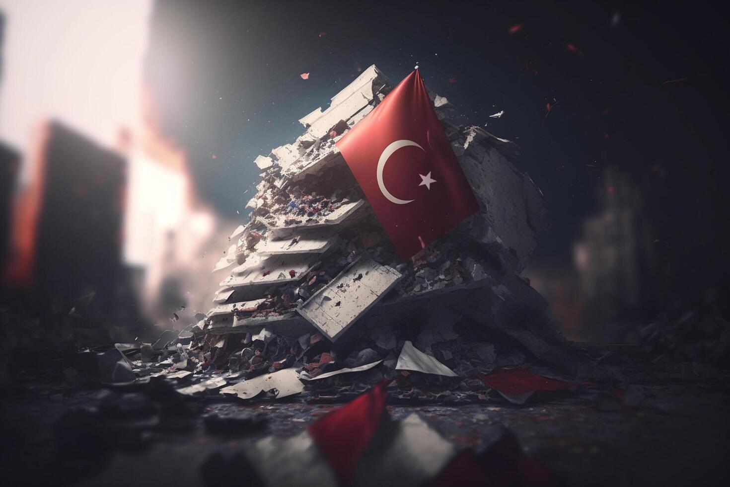 Turkish Flag amidst earthquake rubble - Symbol of Resilience and Unity photo