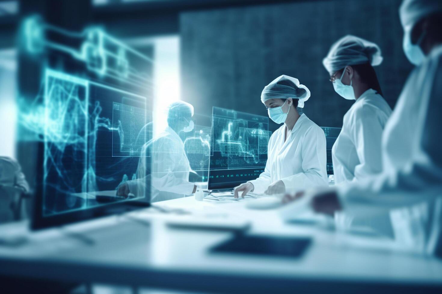 Medical team with surgical masks working in a high-tech laboratory photo