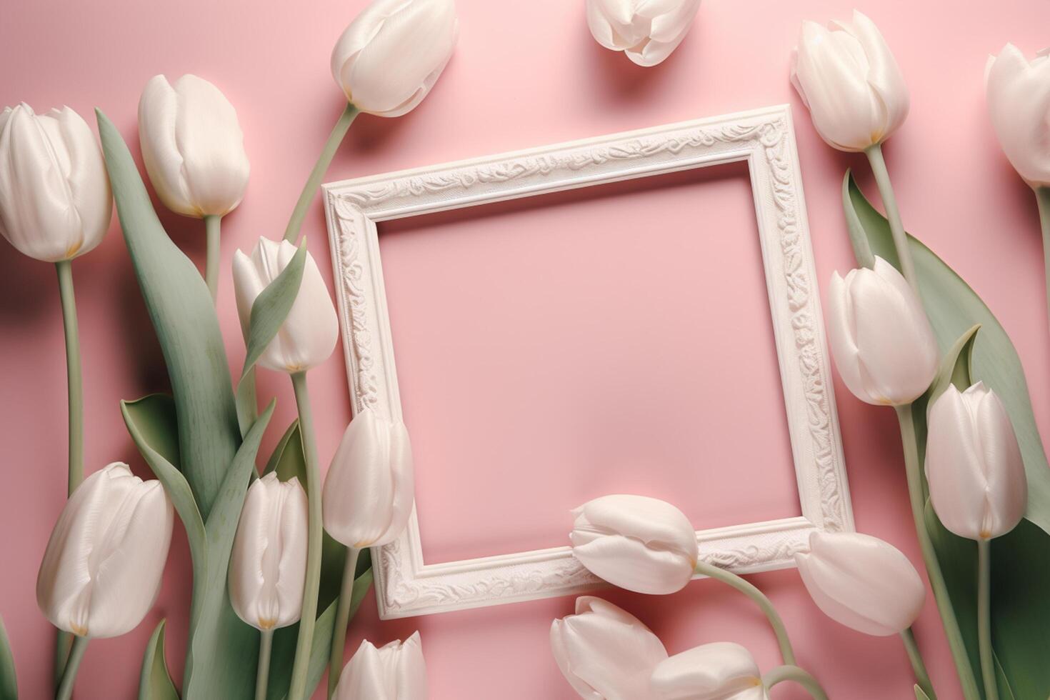 Empty white picture frame with pink tulips on a pink background photo