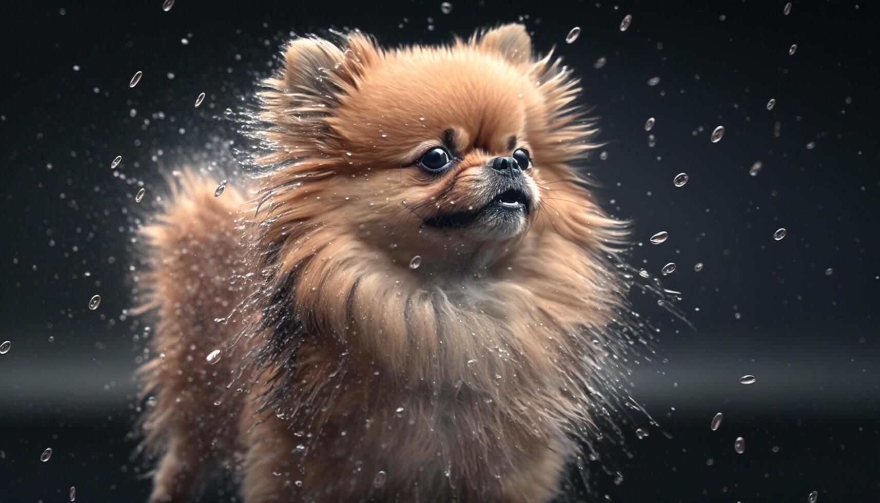 un dulce pomeranio perro sentado en el lluvia, sacudida apagado el gotas de lluvia ai generado foto