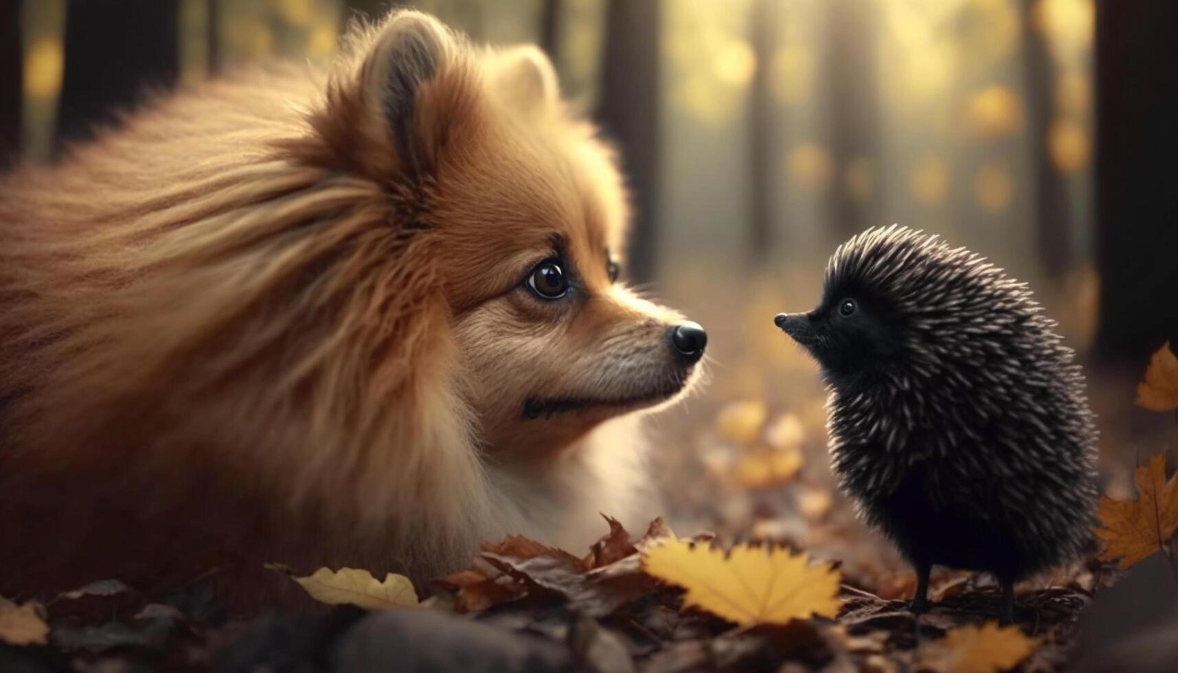 Adorable Pomeranian dog and a little hedgehog sniffing each other in autumn photo