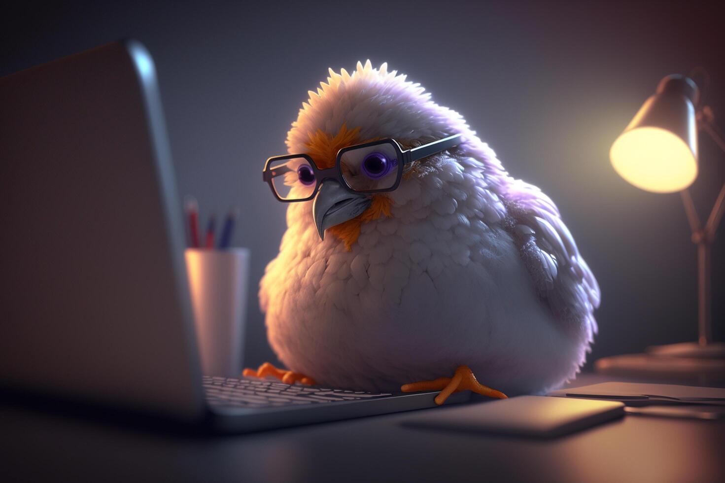 The nerdy chicken typing away on the laptop photo