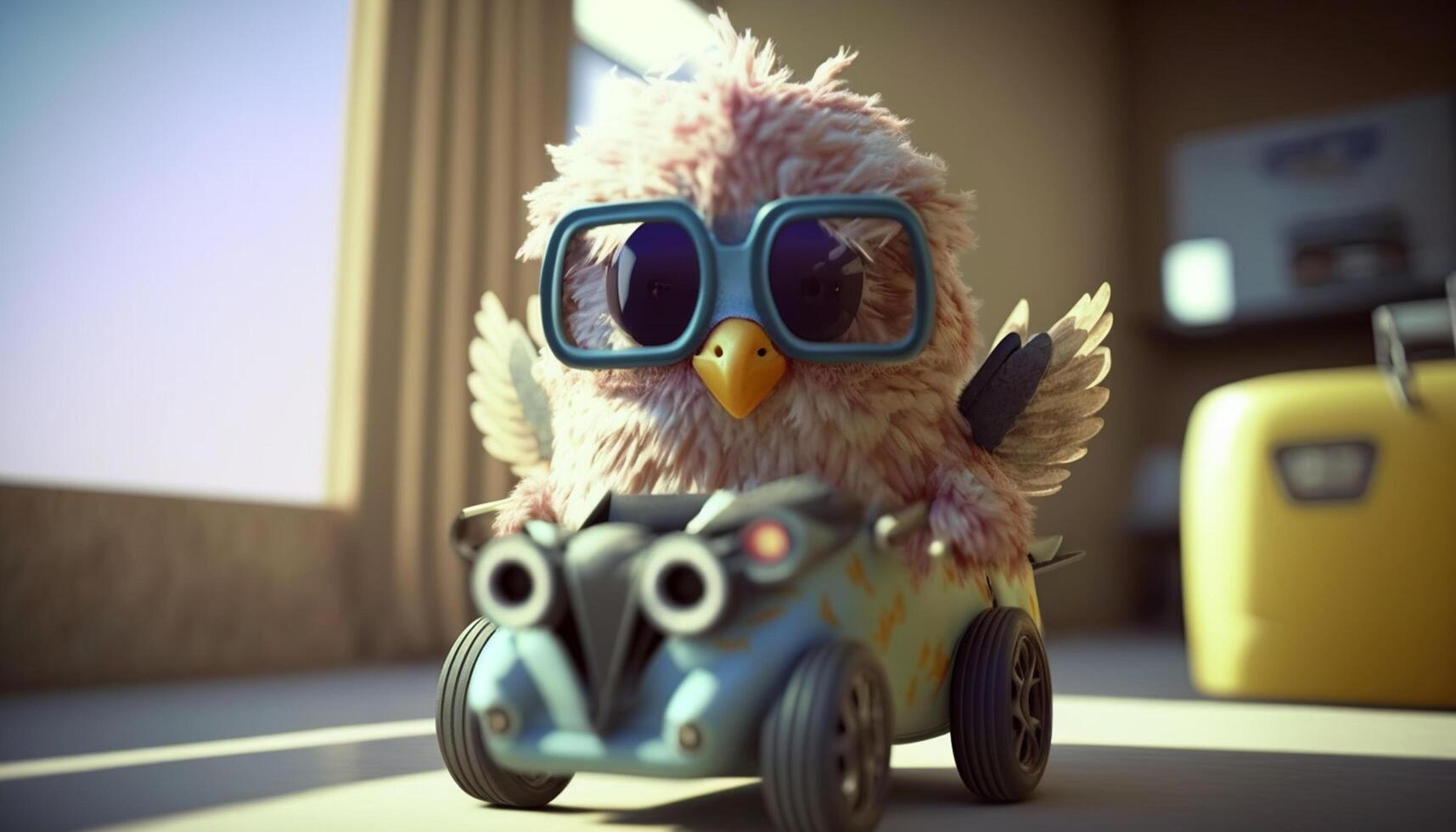 frio pollo corredor acelerando arriba en un afinado juguete coche ai generado foto