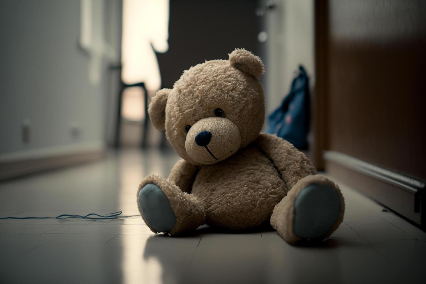 Sad lonely teddy bear lying on the floor symbol of abuse victims photo