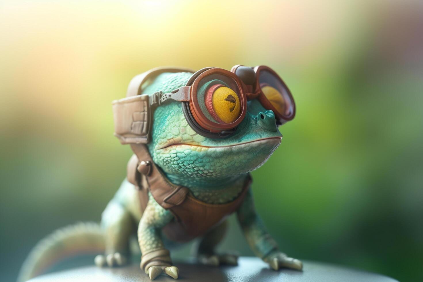 Fly high with the cool photorealistic cartoon chameleon pilot and his goggles photo