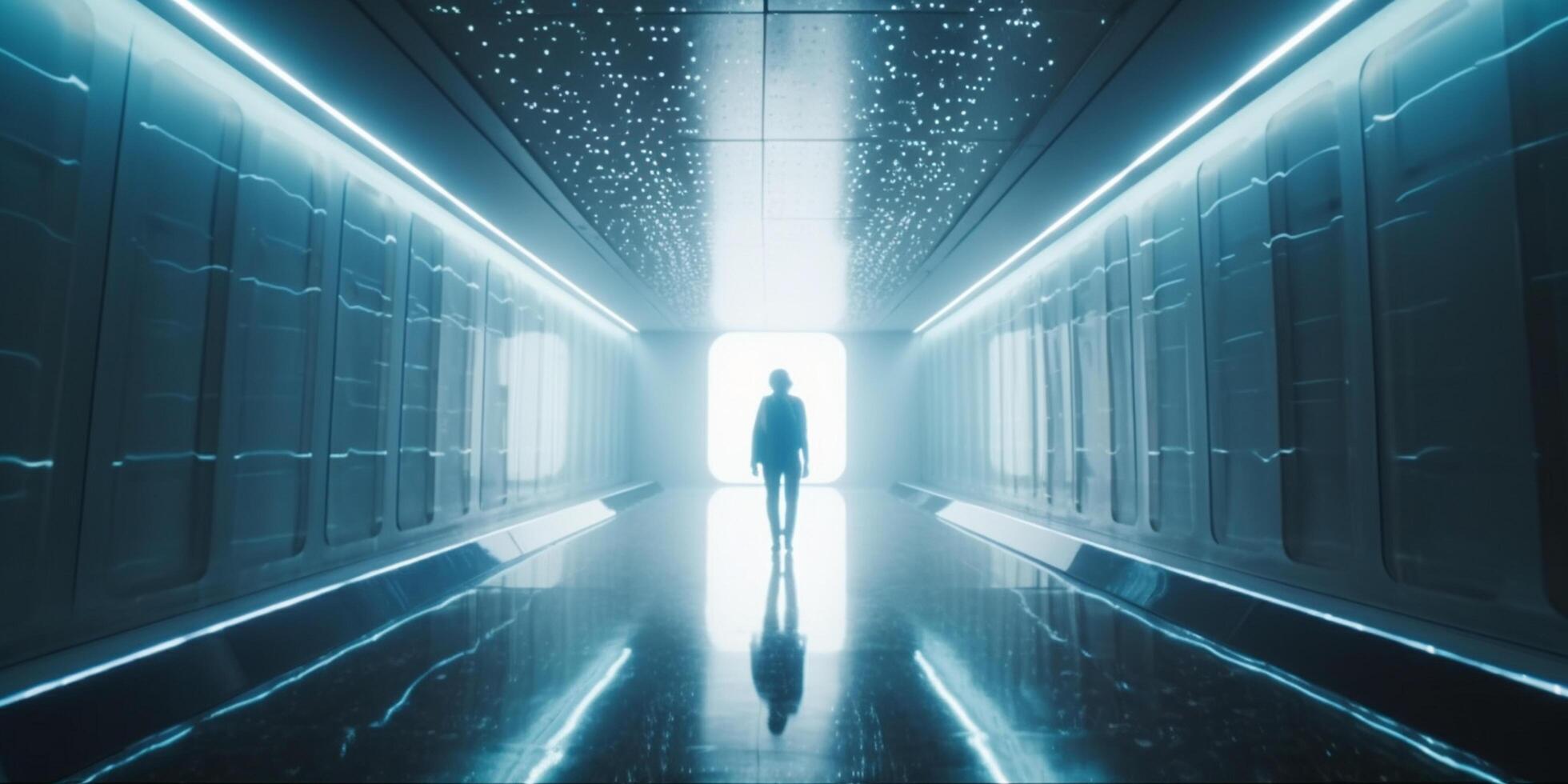Finding the Way Out A Journey Through a Futuristic Blue Corridor photo