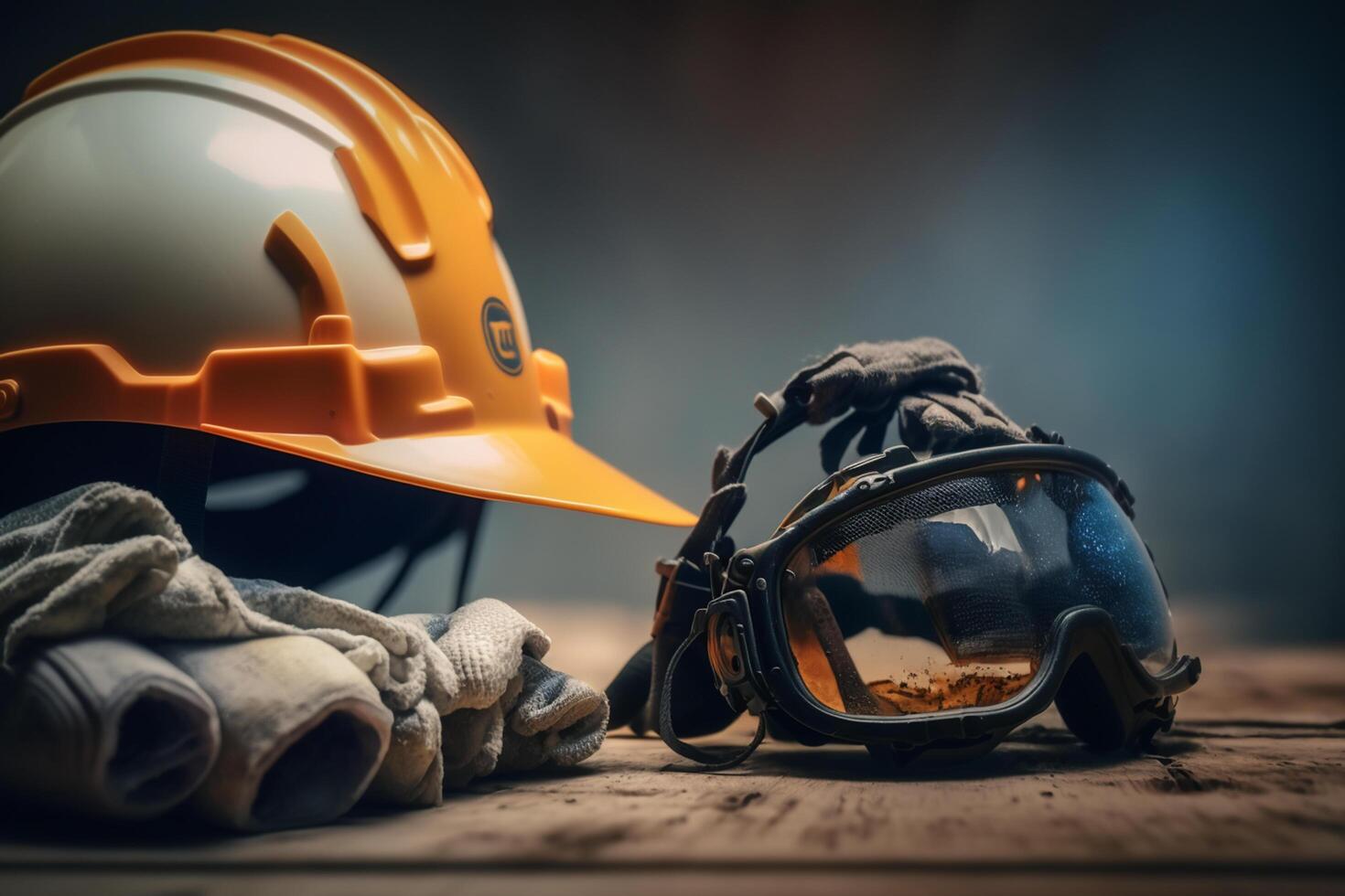 Protective Gear on Table Helmet, Goggles, and Gloves photo