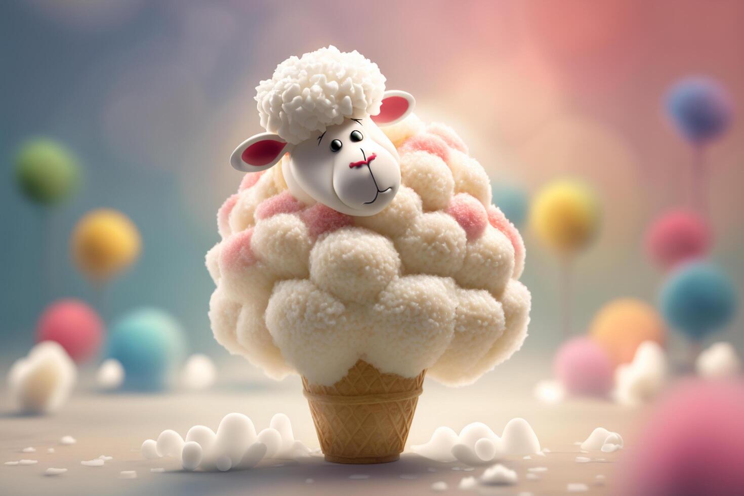 Fluffy Sheep in an Ice Cream Wonderland with Cotton Candy Clouds photo