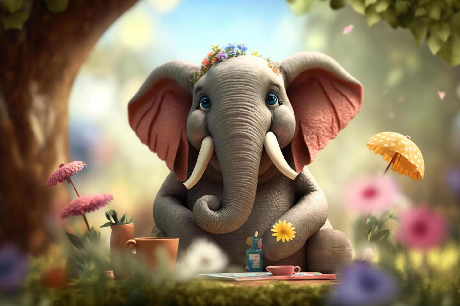 Jovial elephant having a picnic in a flowery meadow photo