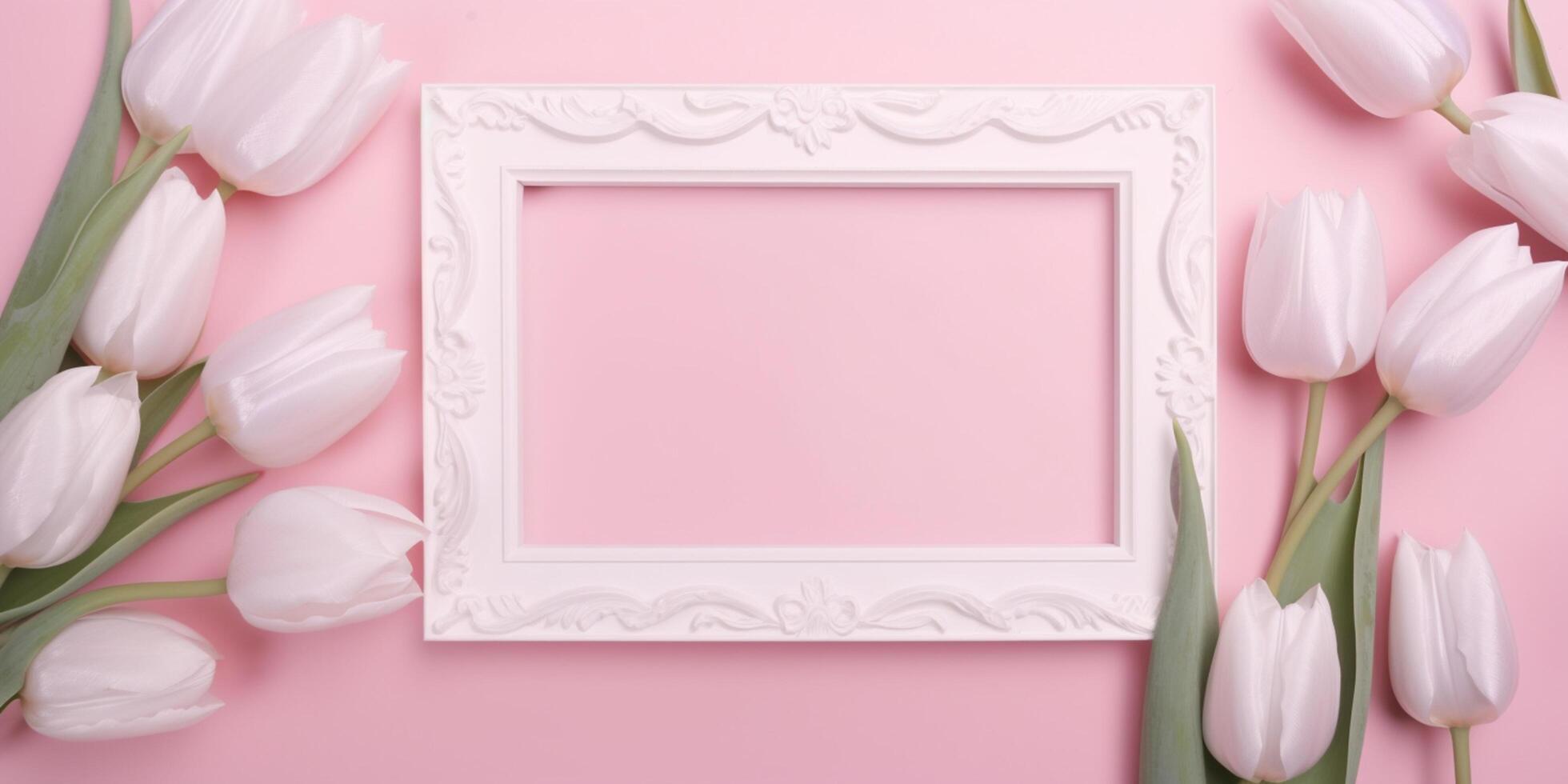 Empty white picture frame with pink tulips on a pink background photo