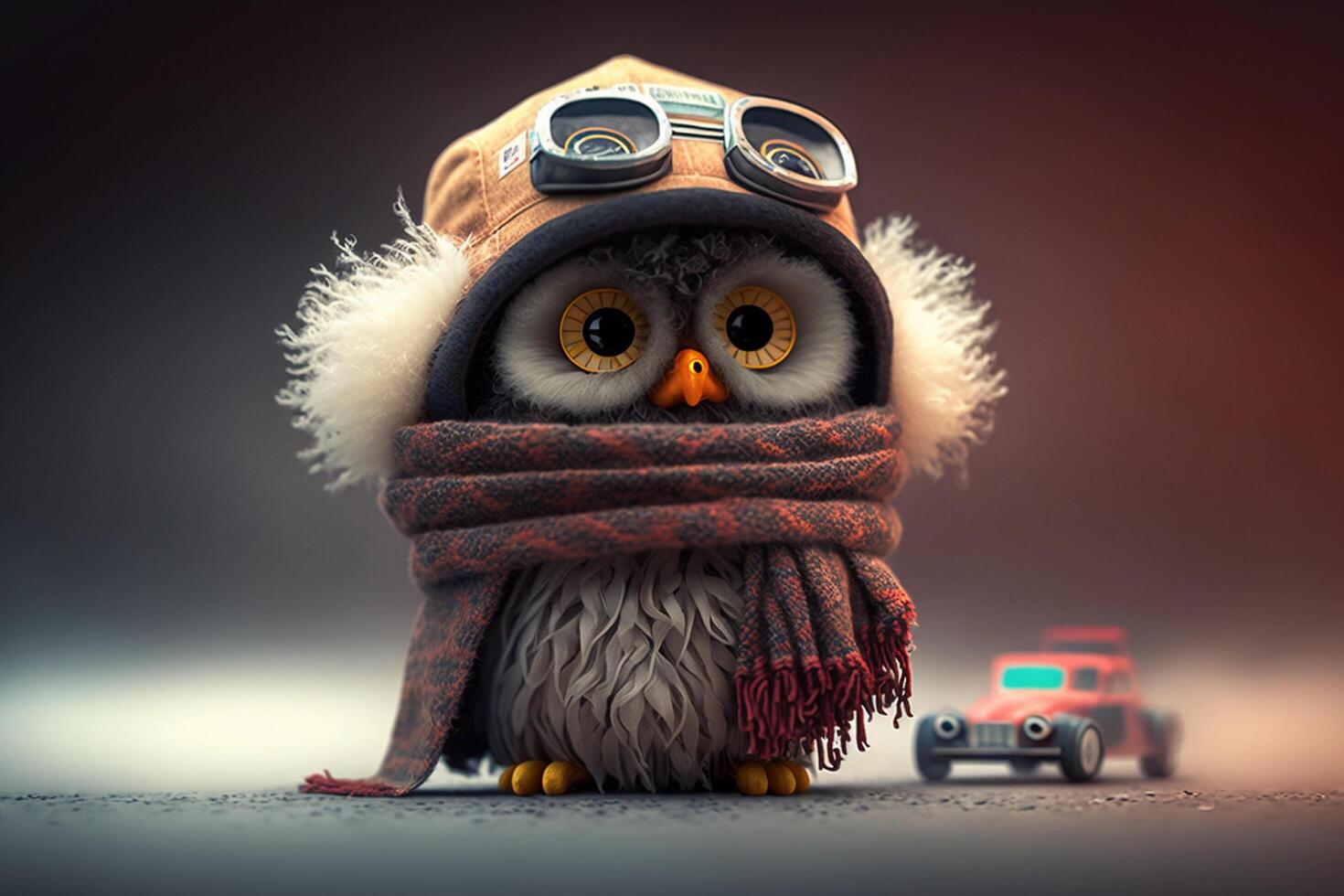 little funny baby owl is racing in a toy car photo