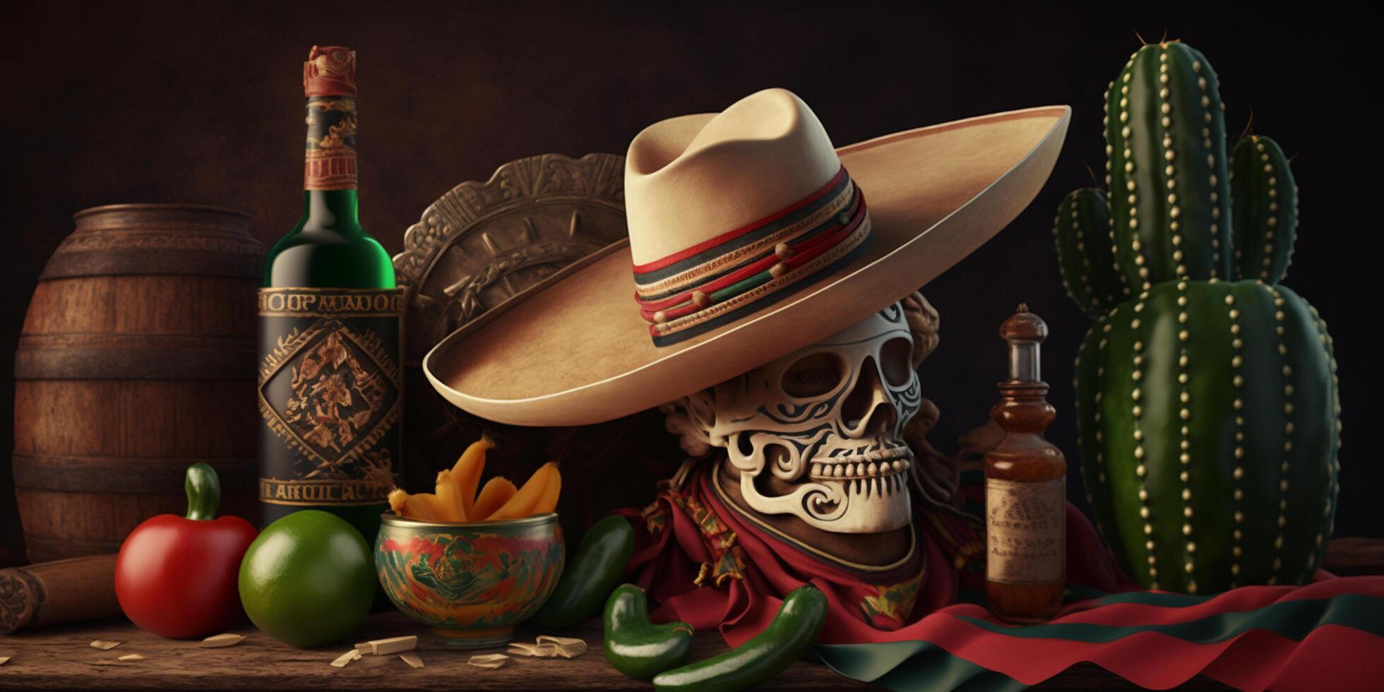 un cinco Delaware mayonesa mexicano todavía vida con Bokeh, un mexicano sombrero y cactus ai generado foto
