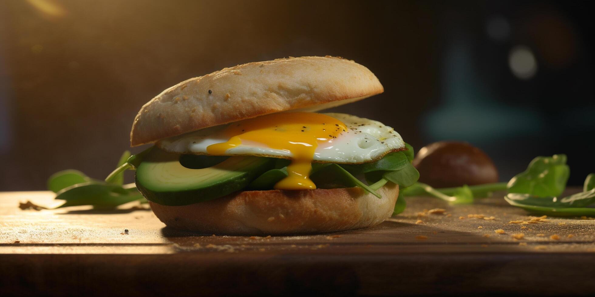 Avocado, Spinach and Fried Egg Sandwich on a Fresh Brioche Bun photo