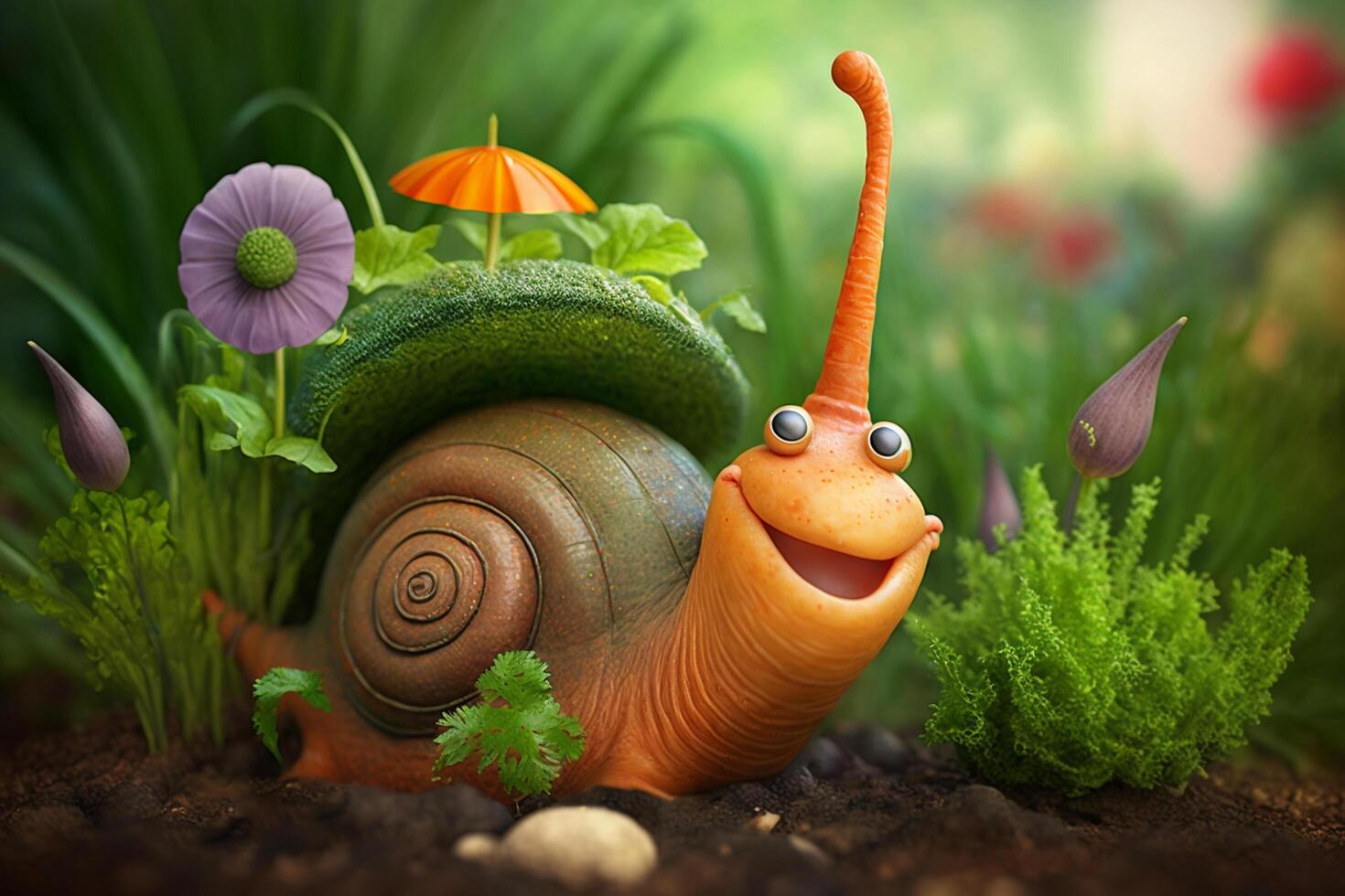 A funny enchanted imaginative snail like in a fairy tale photo