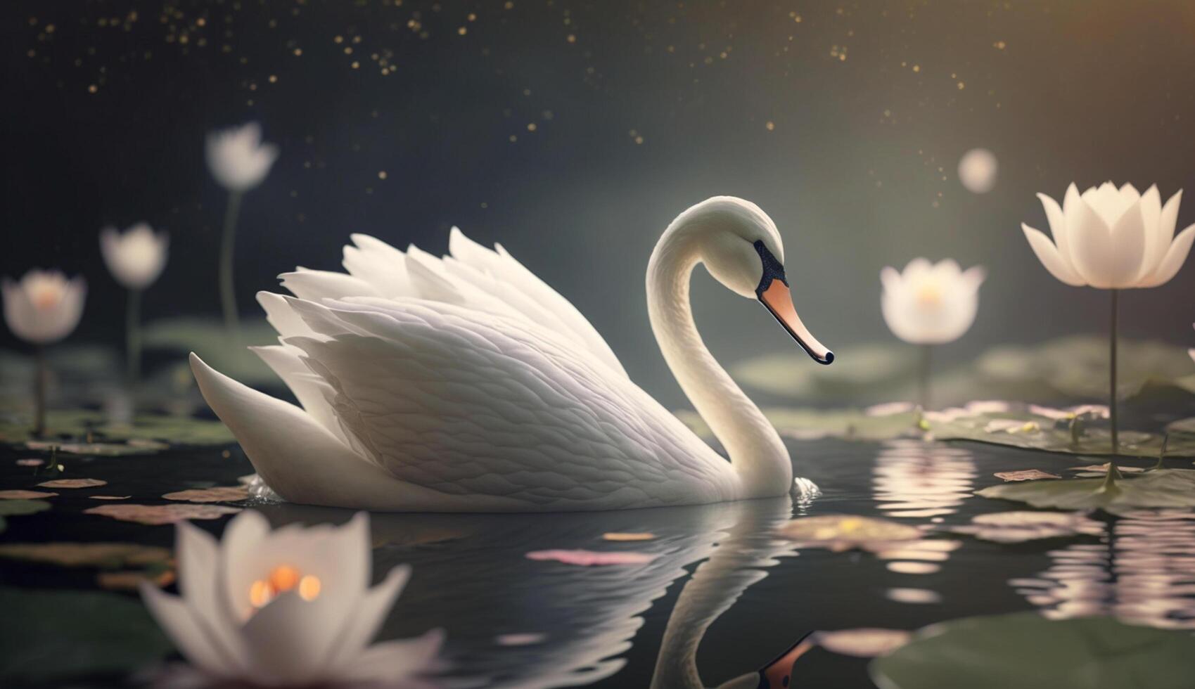 Graceful Swan in a Pond of Blooming Lotus Flowers photo