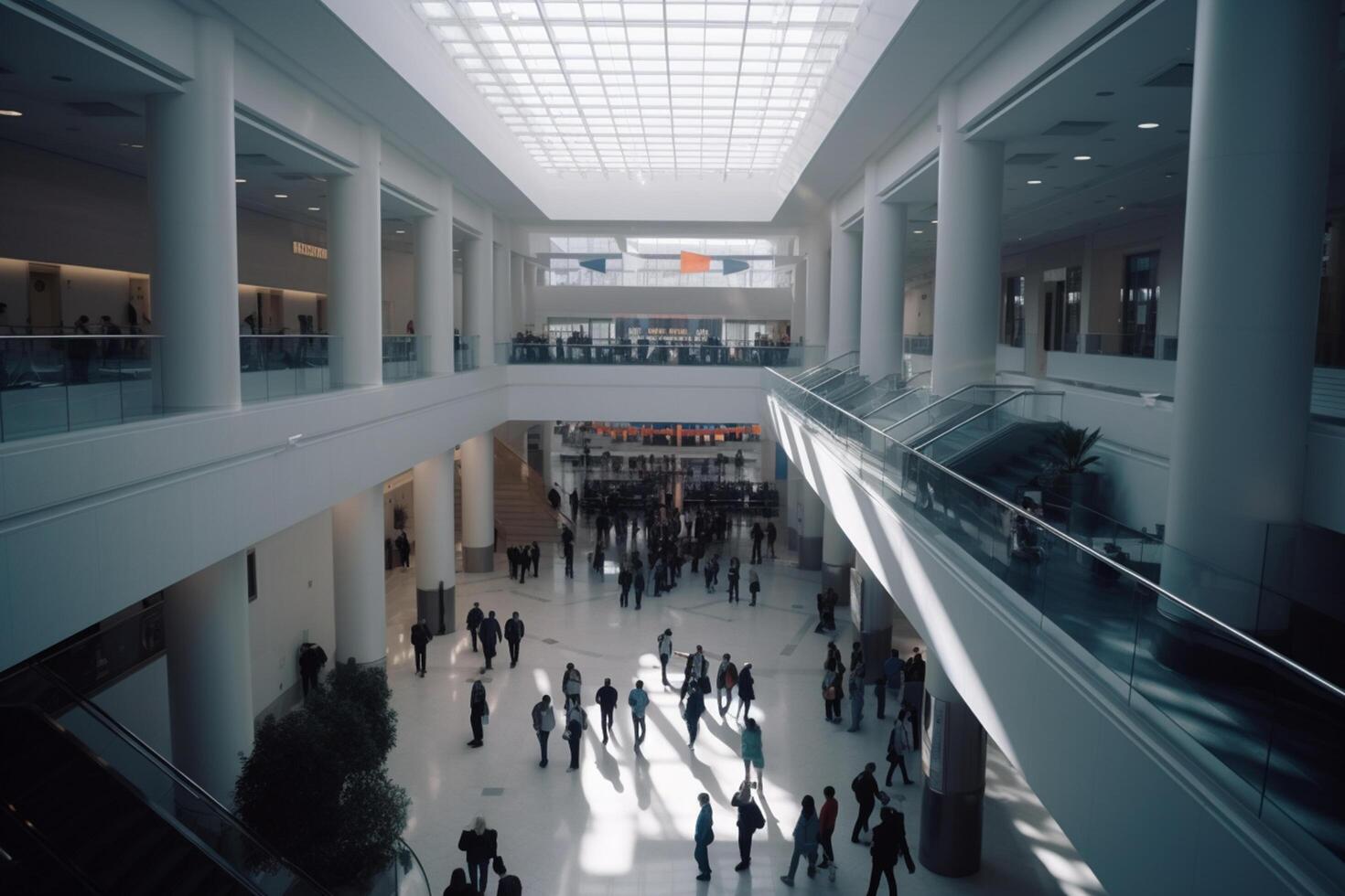 Bustling Conference Hall Waiting Area and Entrance Hall with Blurred Businesspeople Coming and Going in Bright Ambience photo