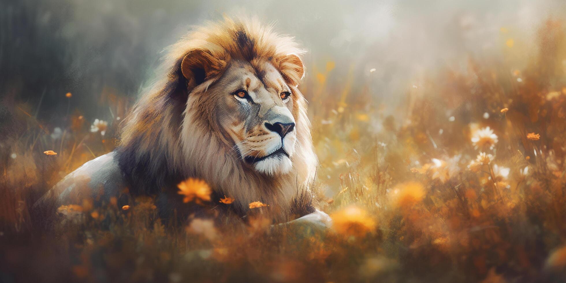 Majestic Lion Resting Amongst Summer Flowers in Watercolor photo