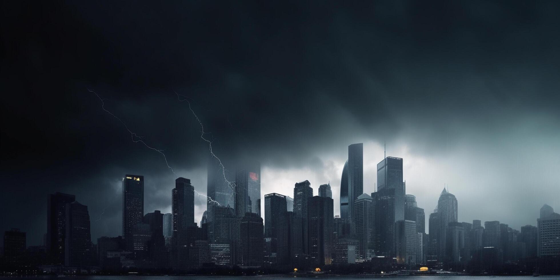 Financial Storm City Skyline during Bank Run with Thunder and Lightning photo