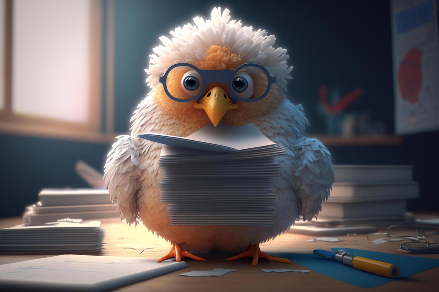 The Funny Chicken with Glasses in the Office Holding a Stack of Papers photo