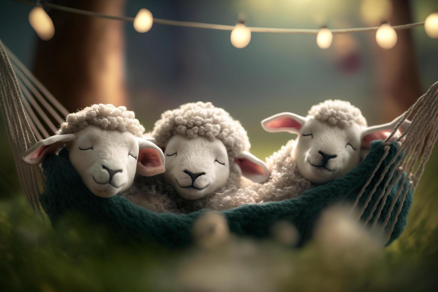 Cute and Sleepy Little Sheep Taking a Nap in a Hammock photo