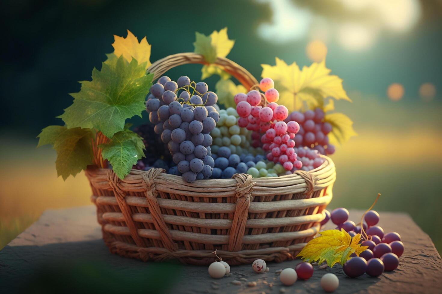 generosidad de el viñedo rojo y verde uvas en un tejido cesta ai generado foto