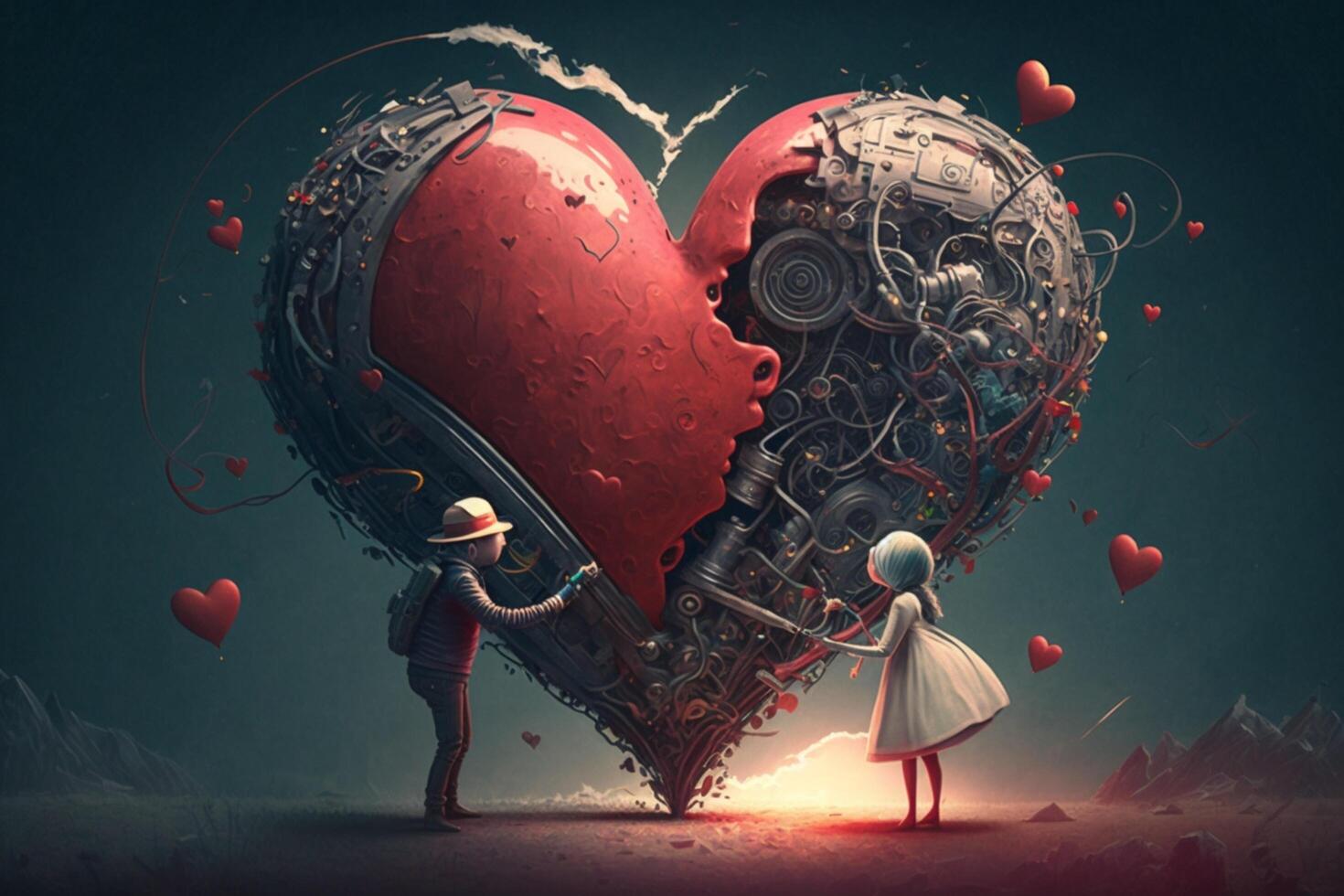 adorable Pareja abrazando en frente de un gigantesco corazón. romántico ilustración para San Valentín día tarjeta. ai generado foto