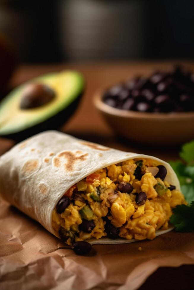 Hearty Breakfast Burrito with Scrambled Eggs, Veggies, and Beans photo