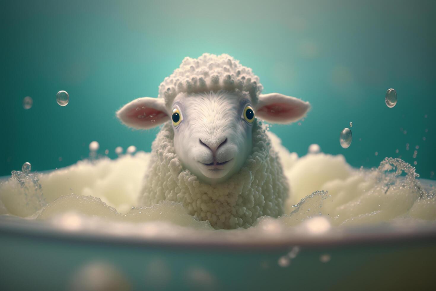linda y gracioso de lana oveja en un bañera con un montón de burbujas en bañera día ai generado foto