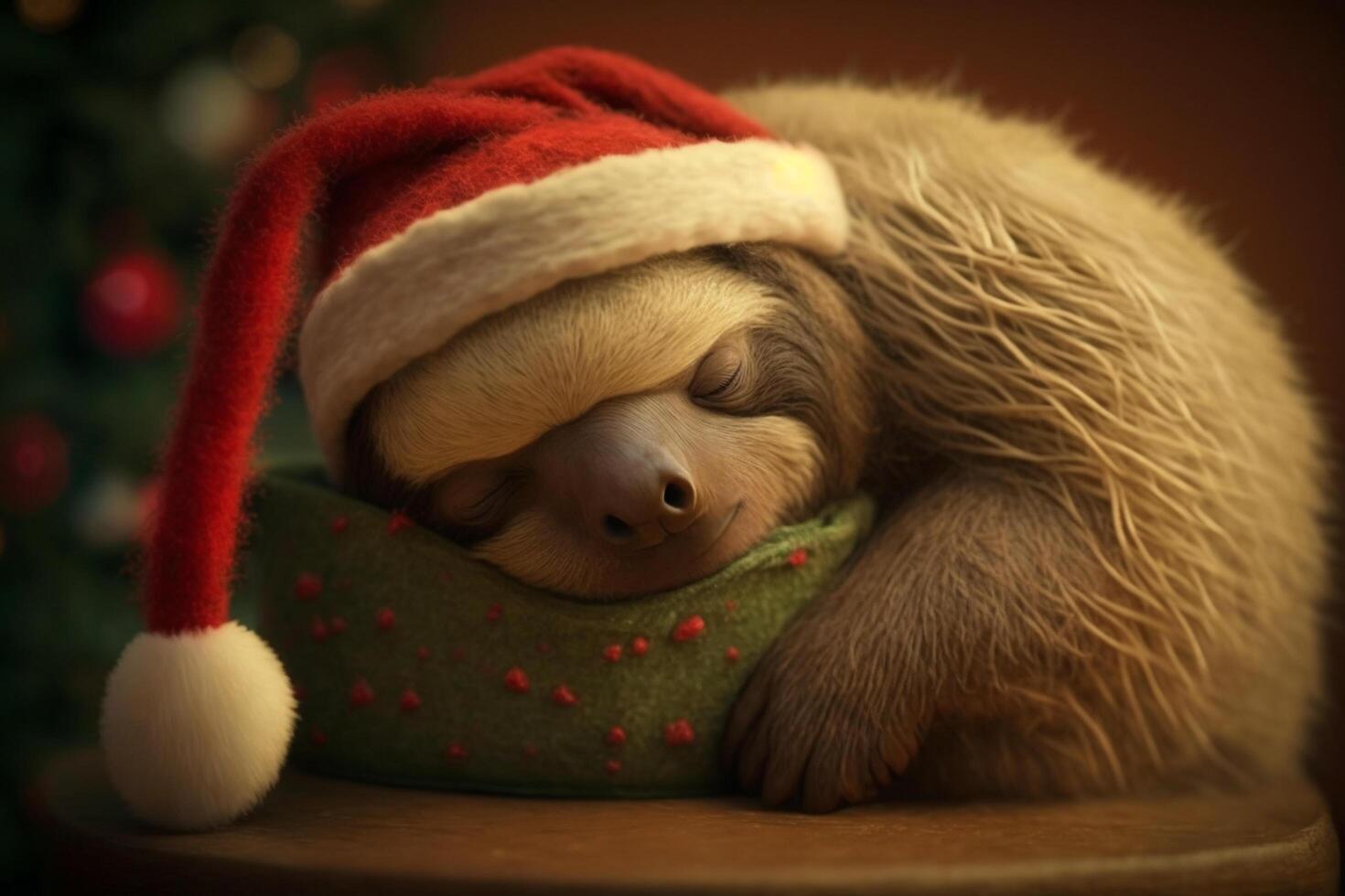 tired and exhausted sloth sleeps with santa hat between gifts at christmas photo