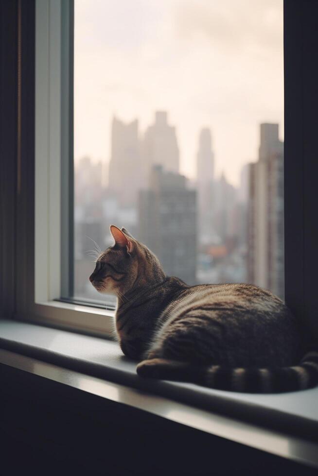 City Cat Gazing Out Window at Skyscrapers photo