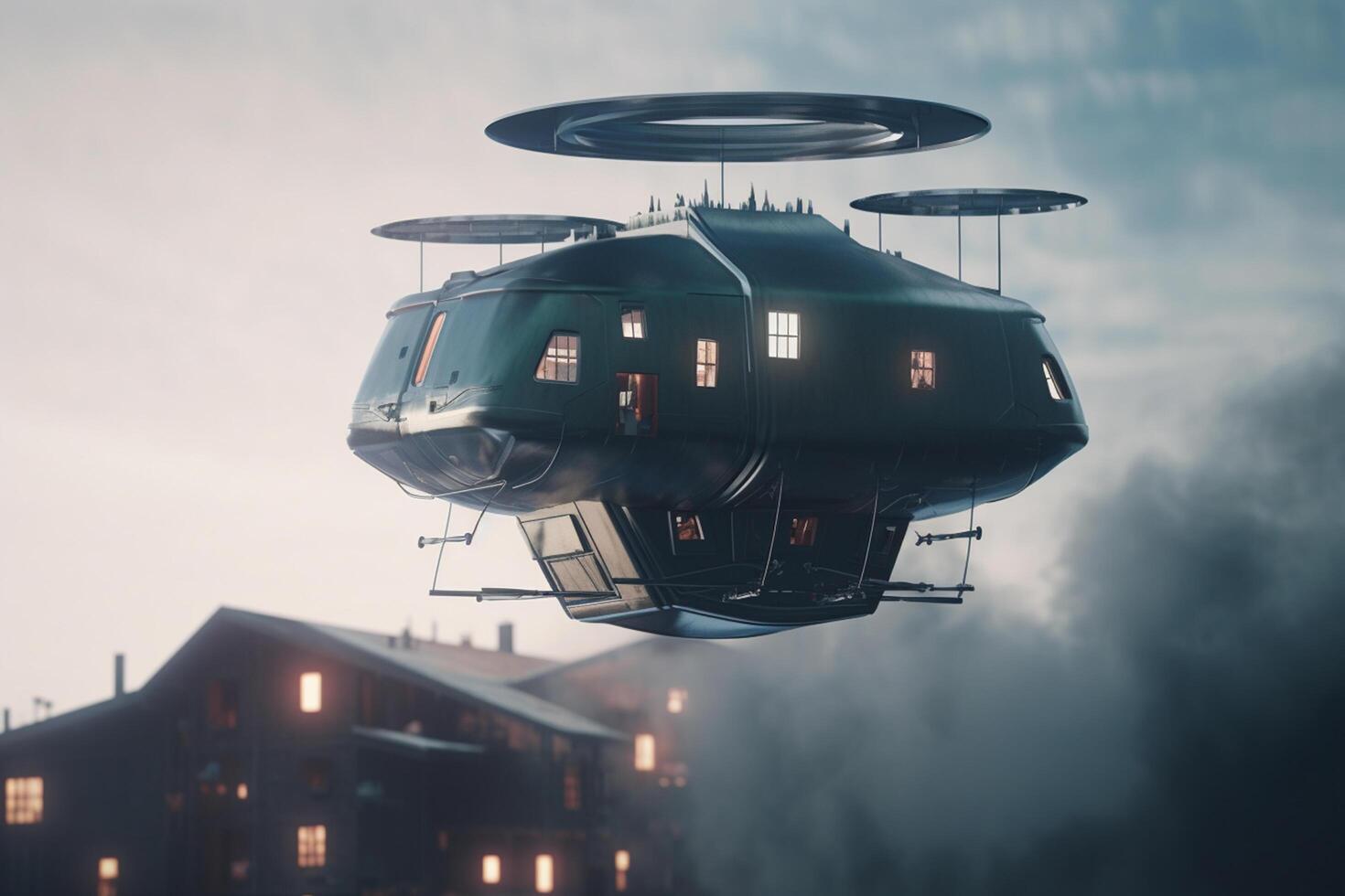 Skyward Living A Conceptual Illustration of AI-Controlled Flying Homes for Future Living photo