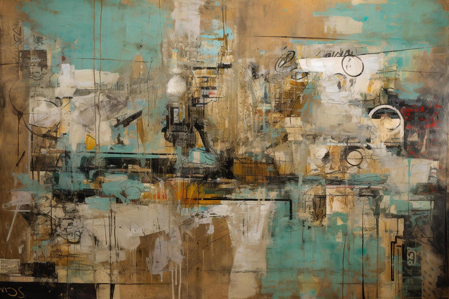 Industrial Elegance A Captivating Fusion of Collage and Paint in Large Canvas Paintings, Adorned with Turquoise and Sepia Tones photo