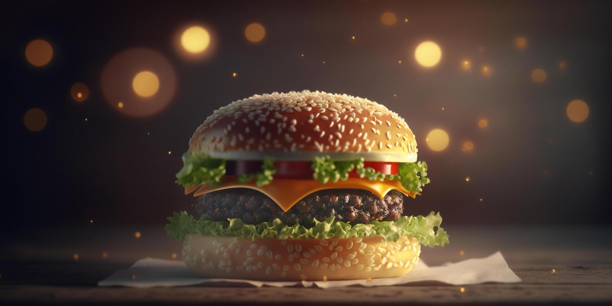 Juicy Hamburger with Bokeh Background, Delicious Fast Food Illustration photo