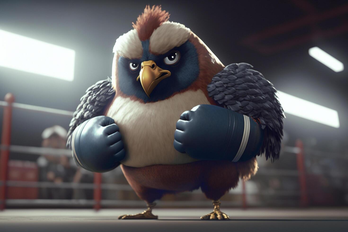 The Featherweight Champion A muscular rooster in boxing gear ready to fight in the ring photo