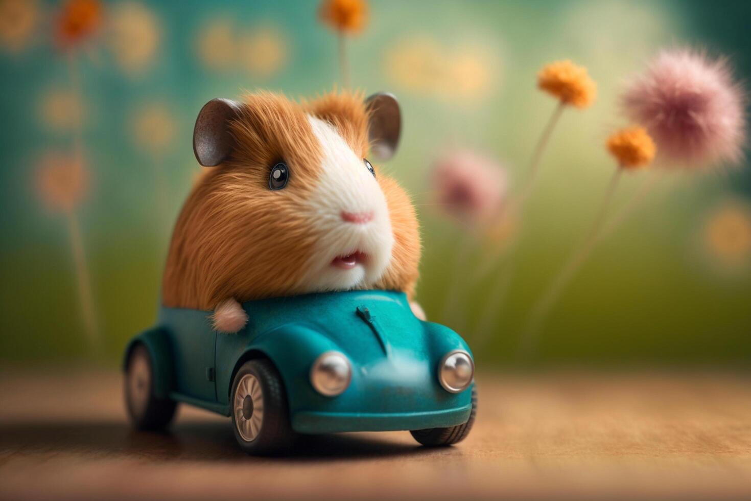 Happy guinea pig kid rides a toy car photo