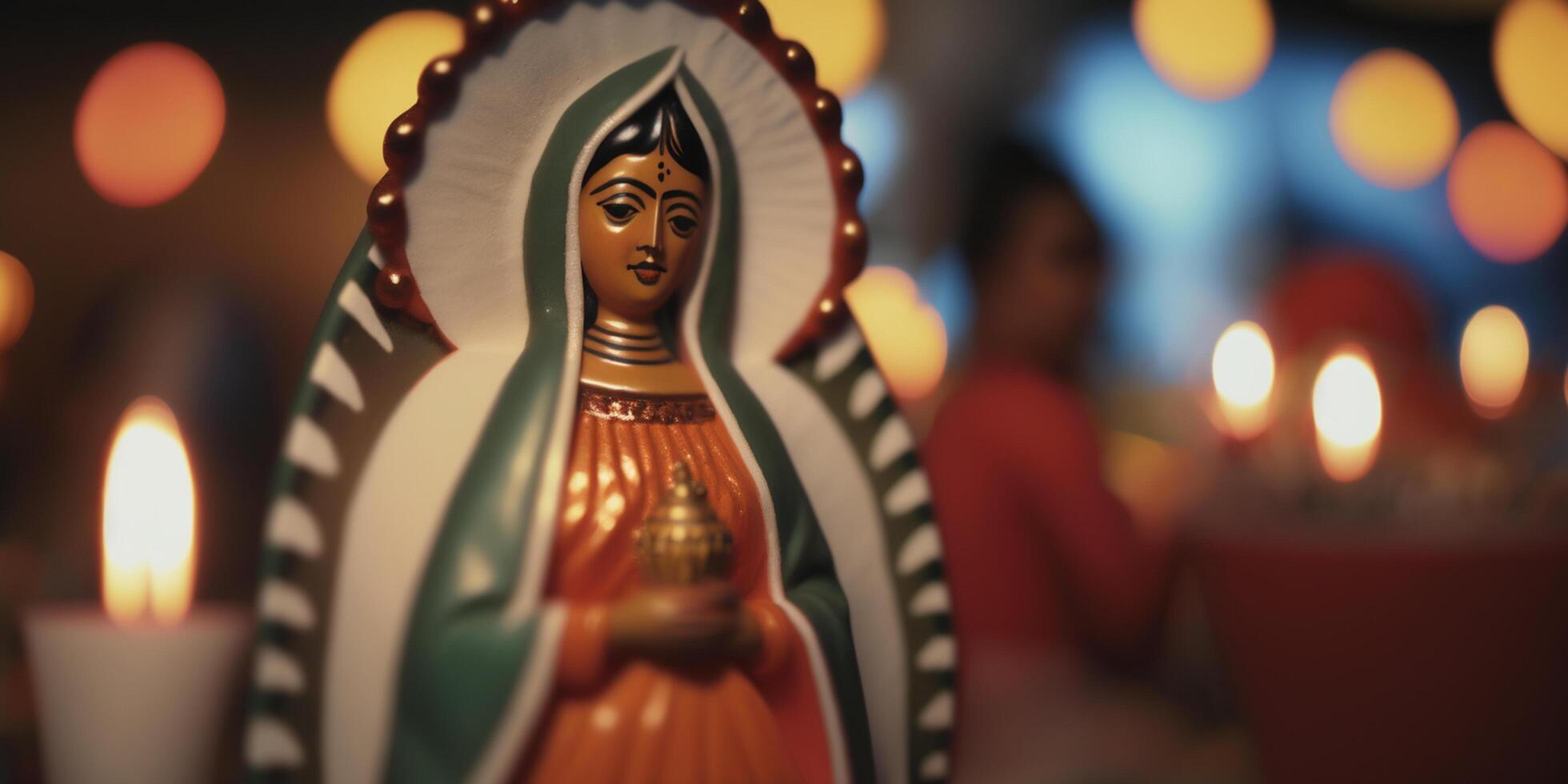 devoción a el Virgen de guadalupe sagrado de madera figura para el mexicano fiesta ai generado foto