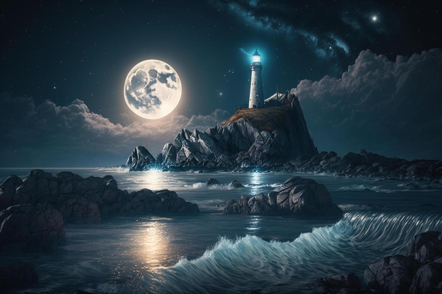 ilustración de un faro en el costa a noche con Luna y reflexión ai generado foto